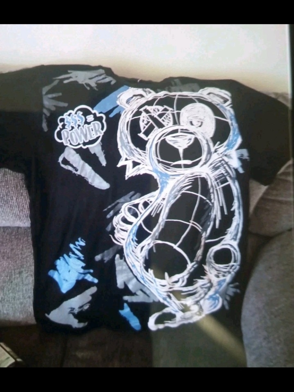 South Pole Black Tee with White and Blue Teddy Bear Graphic